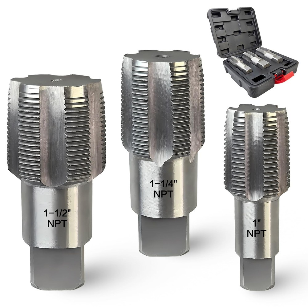 3-Piece NPT Pipe Tap Set, 3 Piece 1&Prime;, 1-1/4&Prime;, 1-1/2&Prime; Tap, Silver