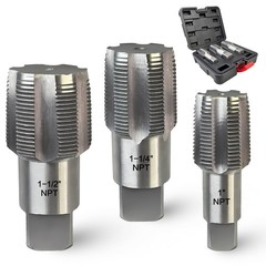 3-Piece NPT Pipe Tap Set, 3 Piece 1&Prime;, 1-1/4&Prime;, 1-1/2&Prime; Tap, Silver