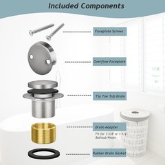 Tip-Toe Bathtub Drain Kit with Two-Hole Overflow Standard, Brushed Nickel