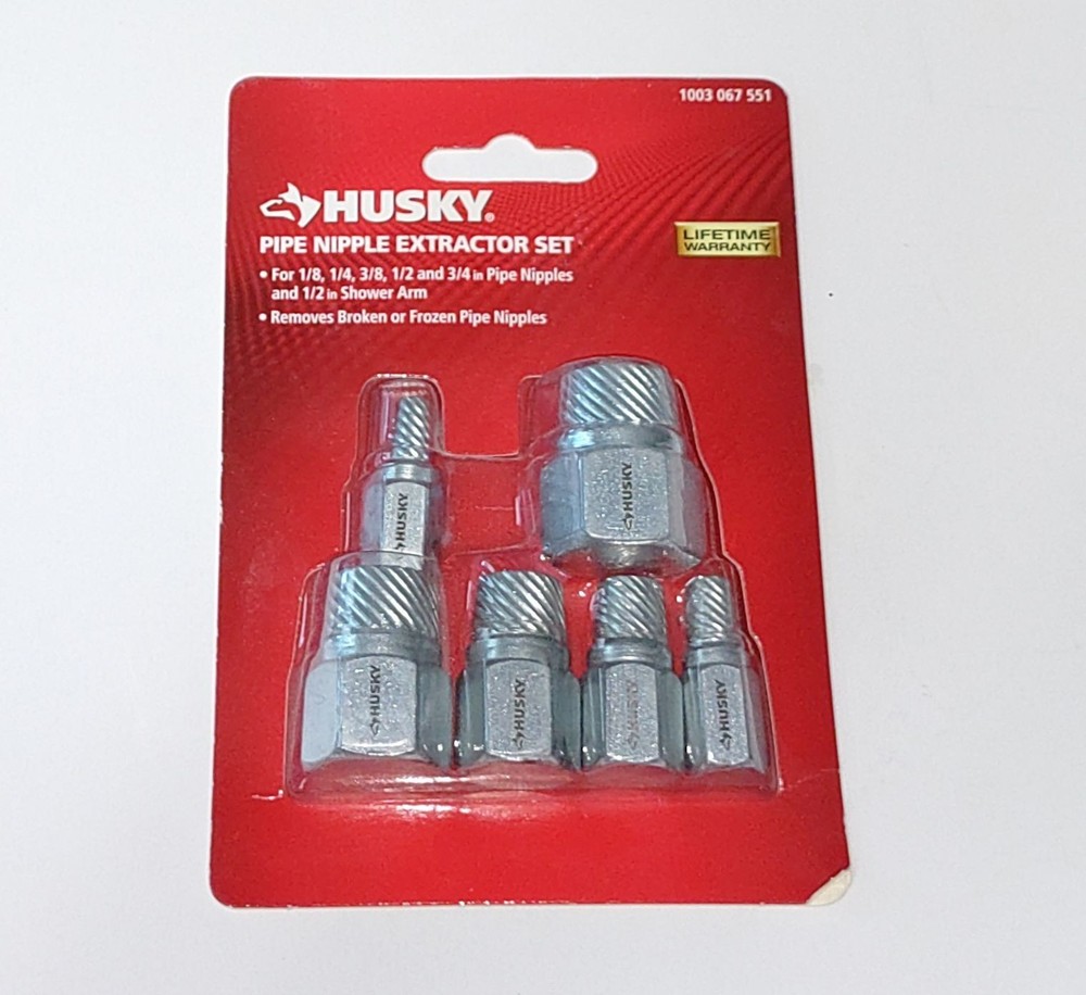 Husky 6 Piece Pipe Nipple Extractor Set 1/8&rdquo;-3/4 inch Pipe & 1/2&Prime; Shower Arm