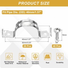 20Pcs 40mm(1-9/16&Prime;) 304 Stainless Steel Rigid Pipe Strap with Screws, Silver