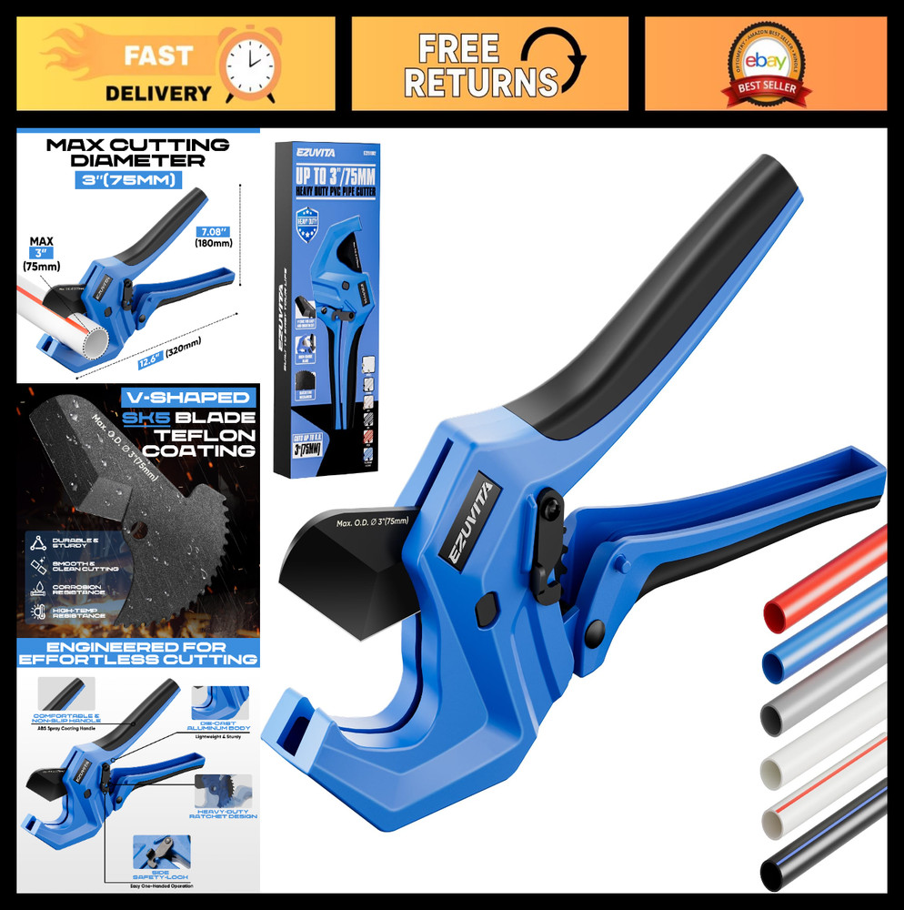 Heavy-Duty Ratchet Pipe Cutter Tool for PVC, PEX, CPVC, Rubber Hose &ndash; Cuts 3
