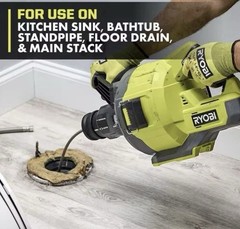 Ryobi 35ft Cordless Drain Auger LED Light, Auto Feed/retract, Cable Lock