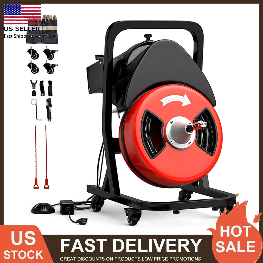50 FT x 1/2 Inch Drain Cleaner Machine Snake Auger with 4 Cutter & Foot Switch