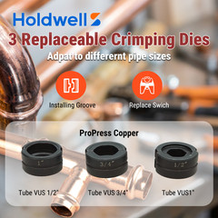 Hydraulic Copper Press Tool, 3 VUS Jaws (1/2&Prime;,3/4&Prime;,1&Prime;), 360&deg; Rotatable Head