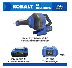 New Kobalt 24v Cordless Drain Auger Kit with 85 Watt Battery & Charger 4891704