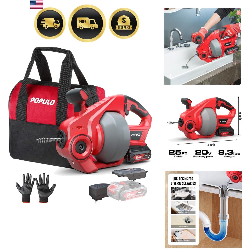 20V Cordless Electric Drain Auger-Efficient 25Ft Auto-Feed Drain Snake with R&hellip;