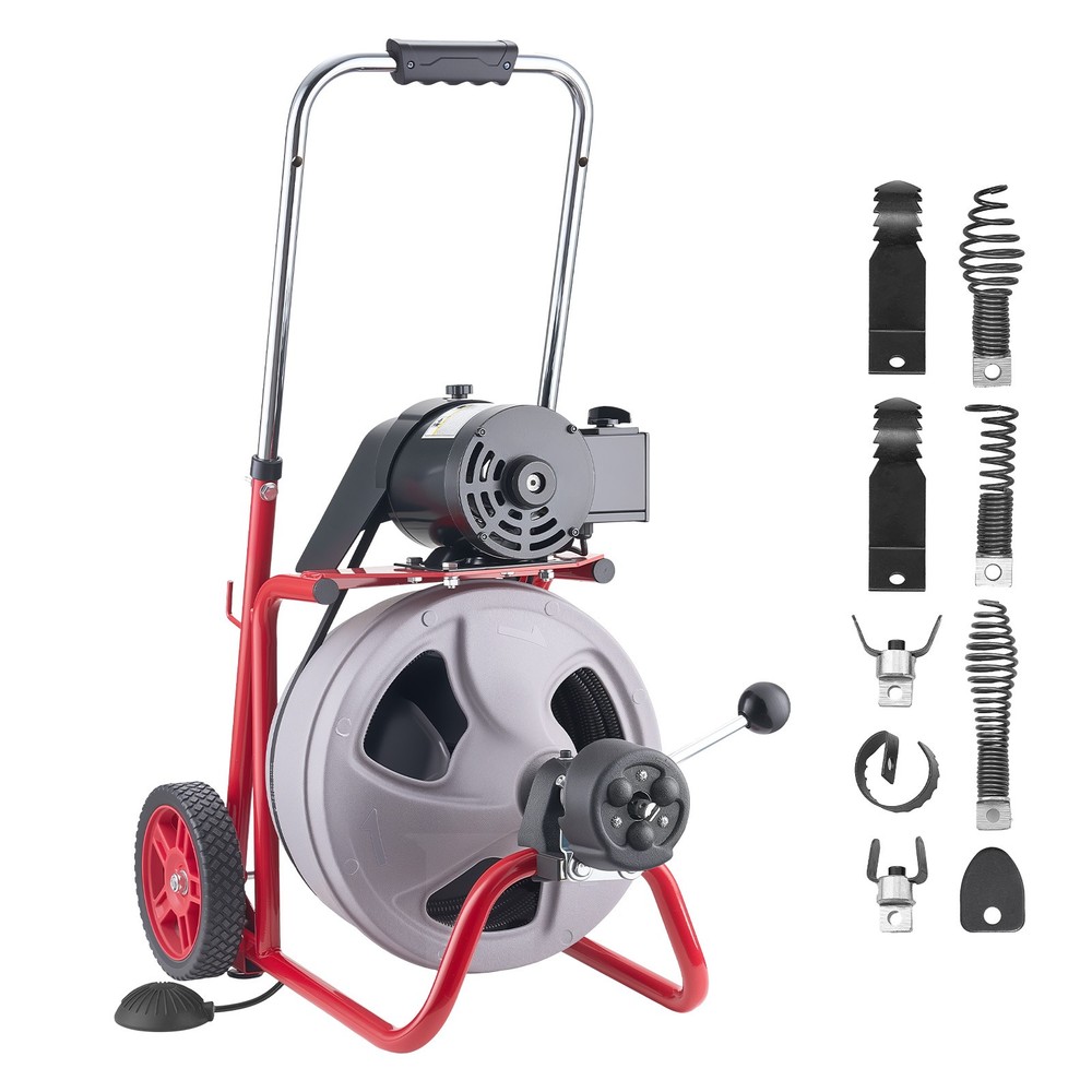 VEVOR Drain Cleaner Machine 75FT x 3/8 Inch Auto Feed with Wheels & 8 Cutters