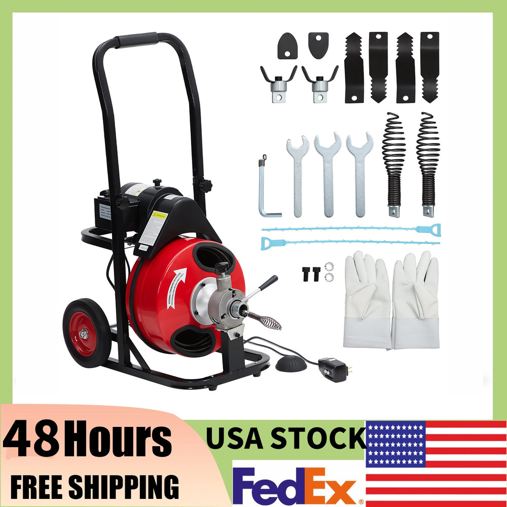 100 FT x 1/2&Prime; Drain Cleaner Electric Sewer Snake Cleaning Machine 110V w/ Gloves