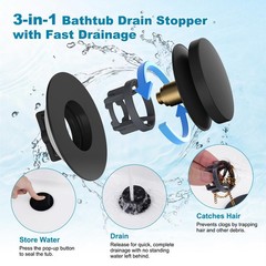 Hibbent 3 in 1 Metal Bathtub Drain Stopper, Universal Pop Up Tub Matte Black
