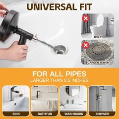 Drain Auger 25ft 1/4in Drum Plumbing Drain Snake Clog Remover Autofeed Black