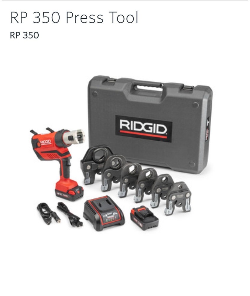 RIDGID RP 350 PRESS TOOL KIT &ndash; 1/2&Prime;-2&Prime; JAWS, 2 BATTERIES, CHARGER