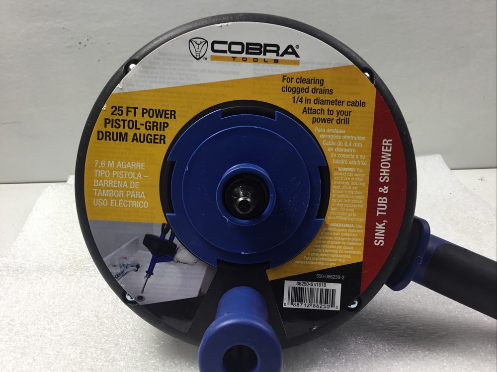 Cobra Products 86250 1/4&rdquo; In X 25&rsquo; Pistol Grip Power Drum Drain Auger Sink Drain