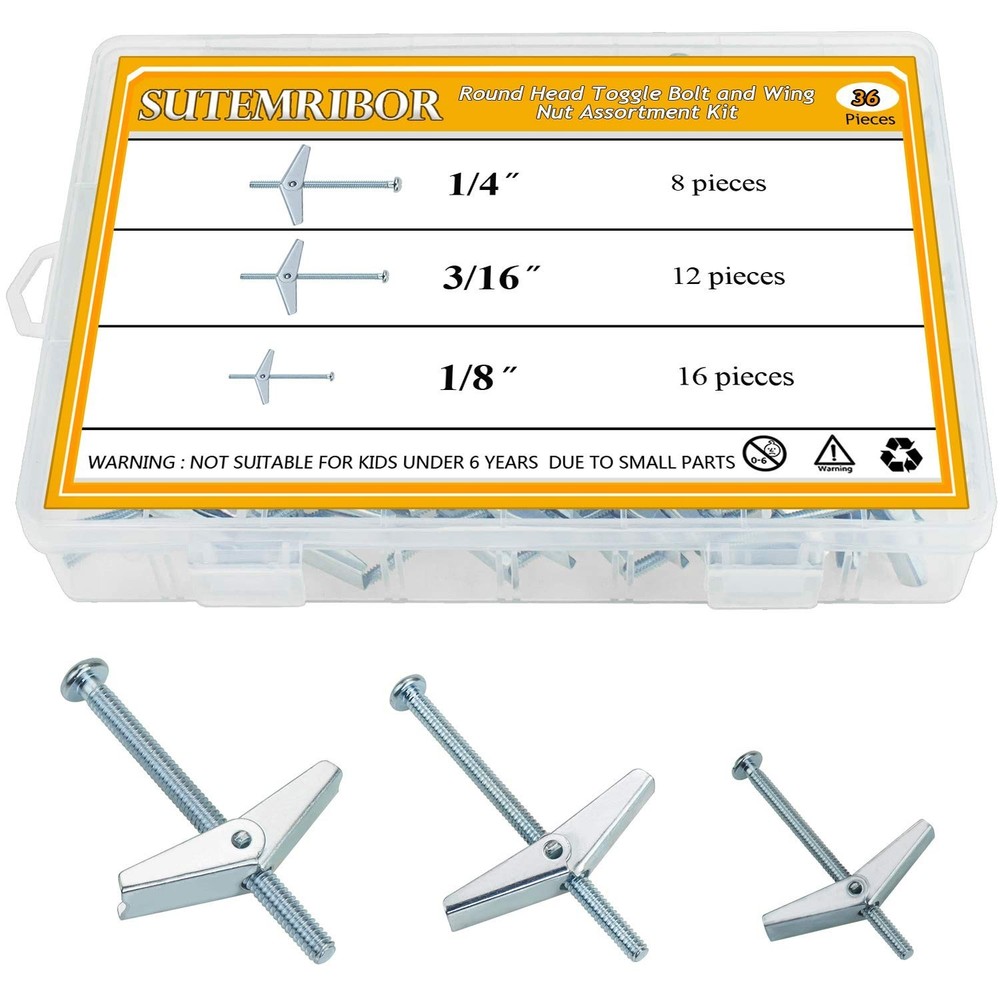 1/8 Inch, 3/16 Inch, 1/4 Inch Toggle Bolt and Wing Nut for Hanging Heavy Item&hellip;