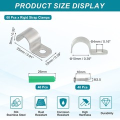 60Pack Stainless Steel Pipe Strap Fit for 3/8in(10mm) Cable U Shape Strap Clamp