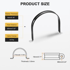 14Pcs 170mm(6-11/16&Prime;) Stainless Steel Rubber 2 Hole U-Tube Strap Clamp, Black