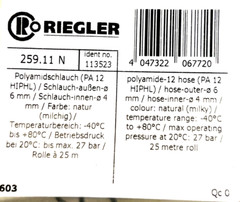 25m Riegler 259.11 N polyamide hose PA12 | &Oslash; 6 x 4 mm | hose 6&times;4 mm milk