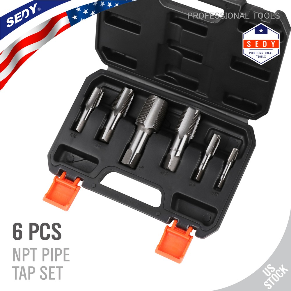 6PC NPT Pipe Tap Set 1/8&Prime; 1/4&Prime; 3/8&Prime; 1/2&Prime; 3/4&Prime; and 1&Prime; With Case Carbon Steel Inch