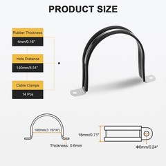 14Pcs 100mm(3-15/16&Prime;) Stainless Steel Rubber 2 Hole U-Tube Strap Clamp, Black