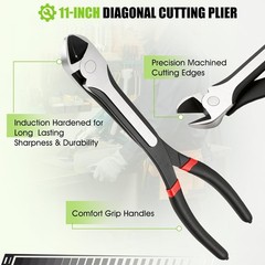 11&Prime; Diagonal Cutting Nose Plier, Non-Slip Grip, Straight Extra Long Diagonal Wir