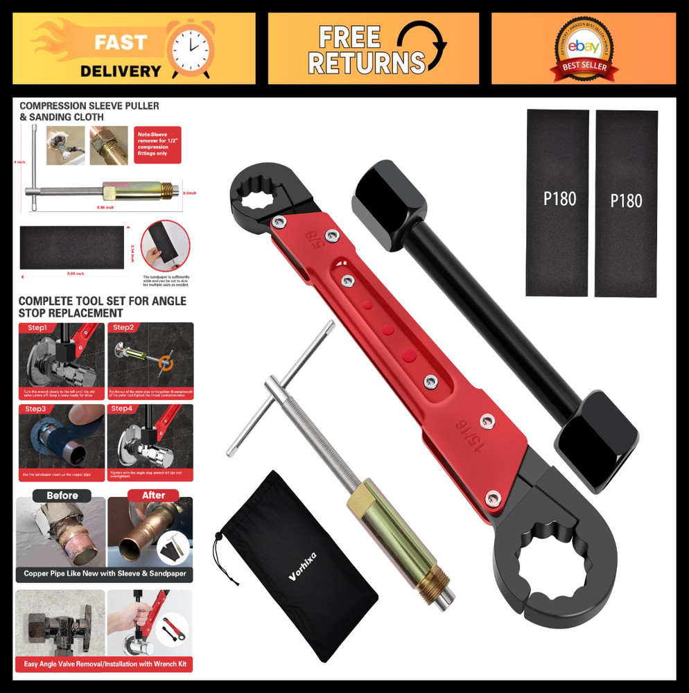 6 Pcs Plumbing Tool Set &ndash; Angle Stop Wrench, Compression Sleeve Puller, Sandpape