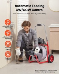 Portable Drain Auger: 75FT Steel Cable, Wheels, Foot Switch