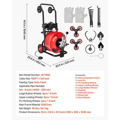 Uimoso Drain Cleaning Machine 100FT x 3/4Inch with Auto Feed and Multiple Wheels