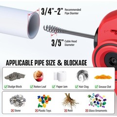 Cordless Electric Drain Auger 25Ft Auto Feed Drain Snake with 2.0Ah Battery