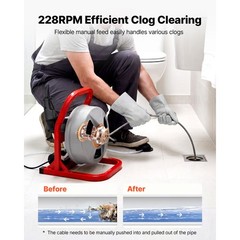 Uimoso Drain Cleaning Machine 50FT x5/16&Prime; Manual Feed with 228RPM Electric Motor