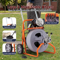 75FT x 1/2 In Drain Cleaner Machine, 2&Prime;-4&Prime; Pipes Auto Feed Electric Drain Auger