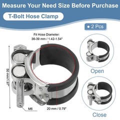 2 Pcs 36-39mm T-Bolt Hose Clamp Intercooler Pipe Clip with Rubber Edge