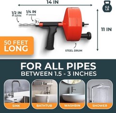 Revolutionary 50 FT Drain Auger &ndash; Effortless Unblocking with Drill Attachment