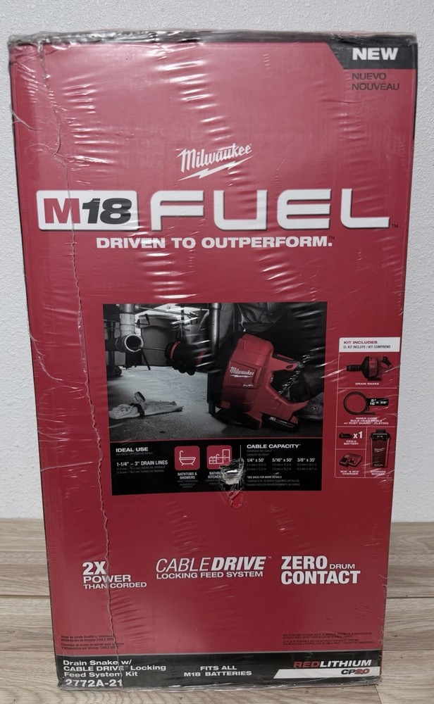Milwaukee 2772A-21 M18 FUEL 18V 5/16-Inch x 35-Foot Cordless Drain Snake Kit NEW