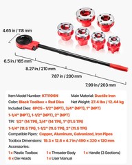 VEVOR Ratchet Pipe Threader Kit Pipes Threader with 6 Dies 1/2&Prime; NPT to 2&Prime; NPT