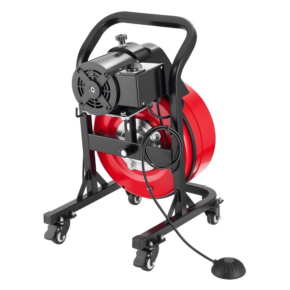 Drain Auger w/50FT 1/2&Prime; Solid Core Cable, Foot Control, 4 Cutters, Metal Drum