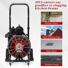 100ft Sewer Snake Machine with GFCI, 1800RPM, 4 Cutters &ndash; for 1&Prime;-4&Prime; Pipes Red