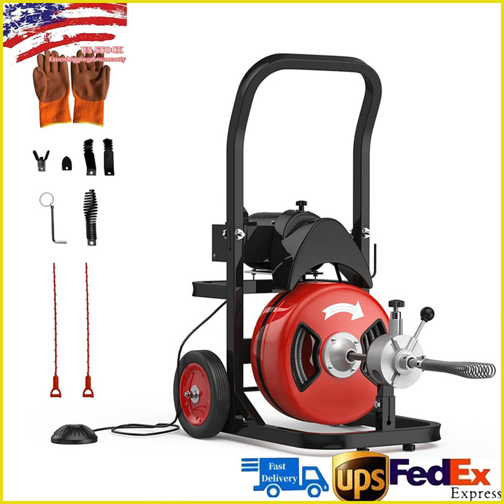 75FT x 1/2 Inch Cable Electric Drain Cleaning Machine 450W Auto-Feed Sewer Snake