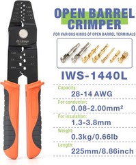 IWISS Ratcheting Crimper for Open Barrel Connectors, JST, TE, Molex Pins AWG 30-