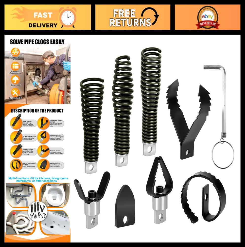 8-Piece Drain Snake Auger Set for 50FT-100FT Machines, Fits 5/16&Prime;-3/4&Prime; Cables