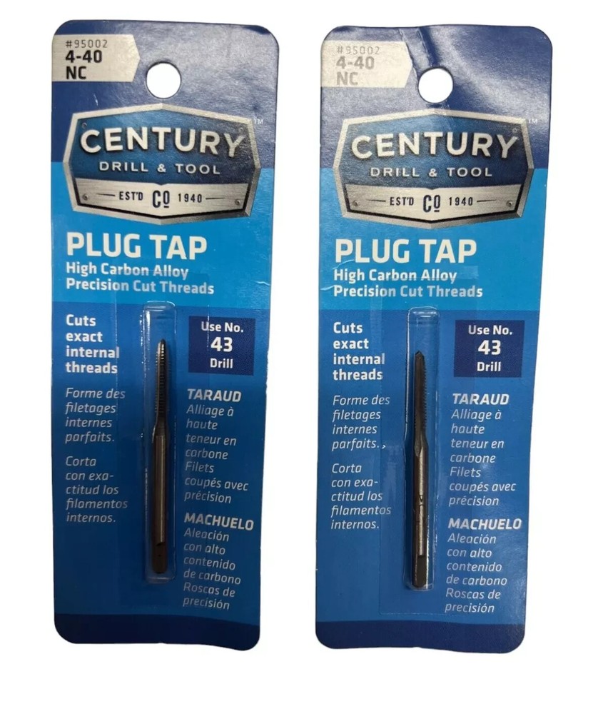 Century Drill Tool 4-40 NC Carbon Steel Plug Tap 95002 Durable Threading Tool