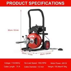 1/2 Inch 75FT Auto Feed Electric Drain Cleaner Machine Sewer Snake Portable