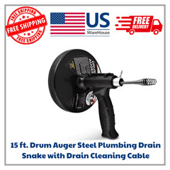 15 ft. Drum Auger Steel Plumbing Drain Snake with Drain Cleaning Cable