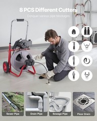 VEVOR Drain Cleaner Machine 75FT x 3/8 Inch Auto Feed with Wheels & 8 Cutters