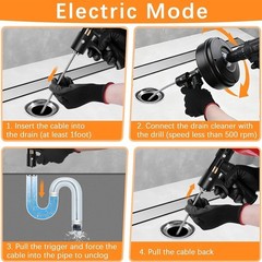 Drain Auger 25ft 1/4in Drum Plumbing Drain Snake Clog Remover Autofeed Black