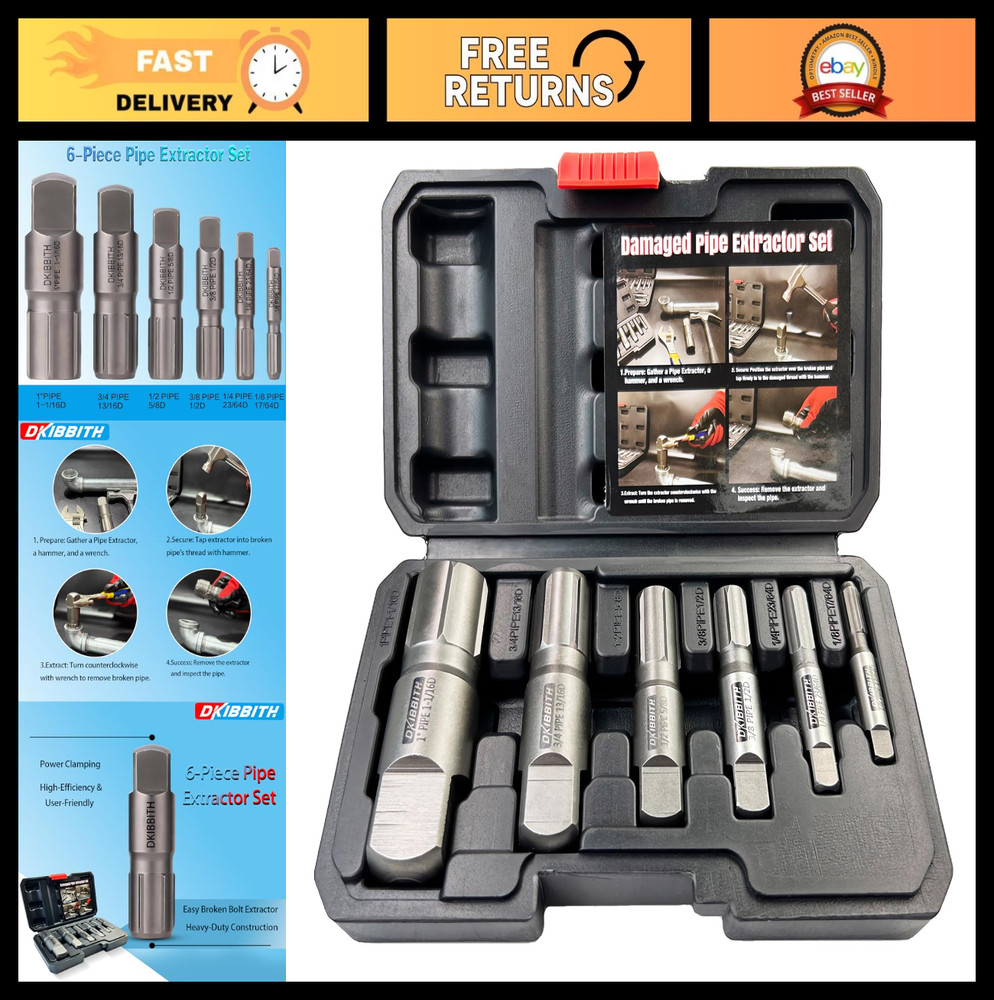 6-Piece Heavy Duty Steel Pipe Extractor Set for Removing Damaged Threads, 1/8&Prime;-1