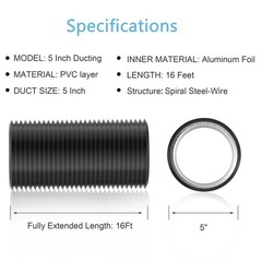 Hon&Guan 5 inch Air Duct &ndash; 16 FT Long, Black Flexible 5 x 16 FT,