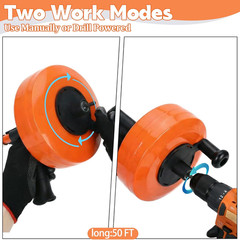 50 Ft Heavy Duty Drain Auger &ndash; Manual/Drill Powered Snake with Gloves & Bag