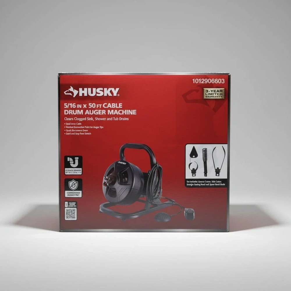 Husky 5/16 in X 50 ft Cable Drum Machine Auger For Drain Cleaning 1012906603
