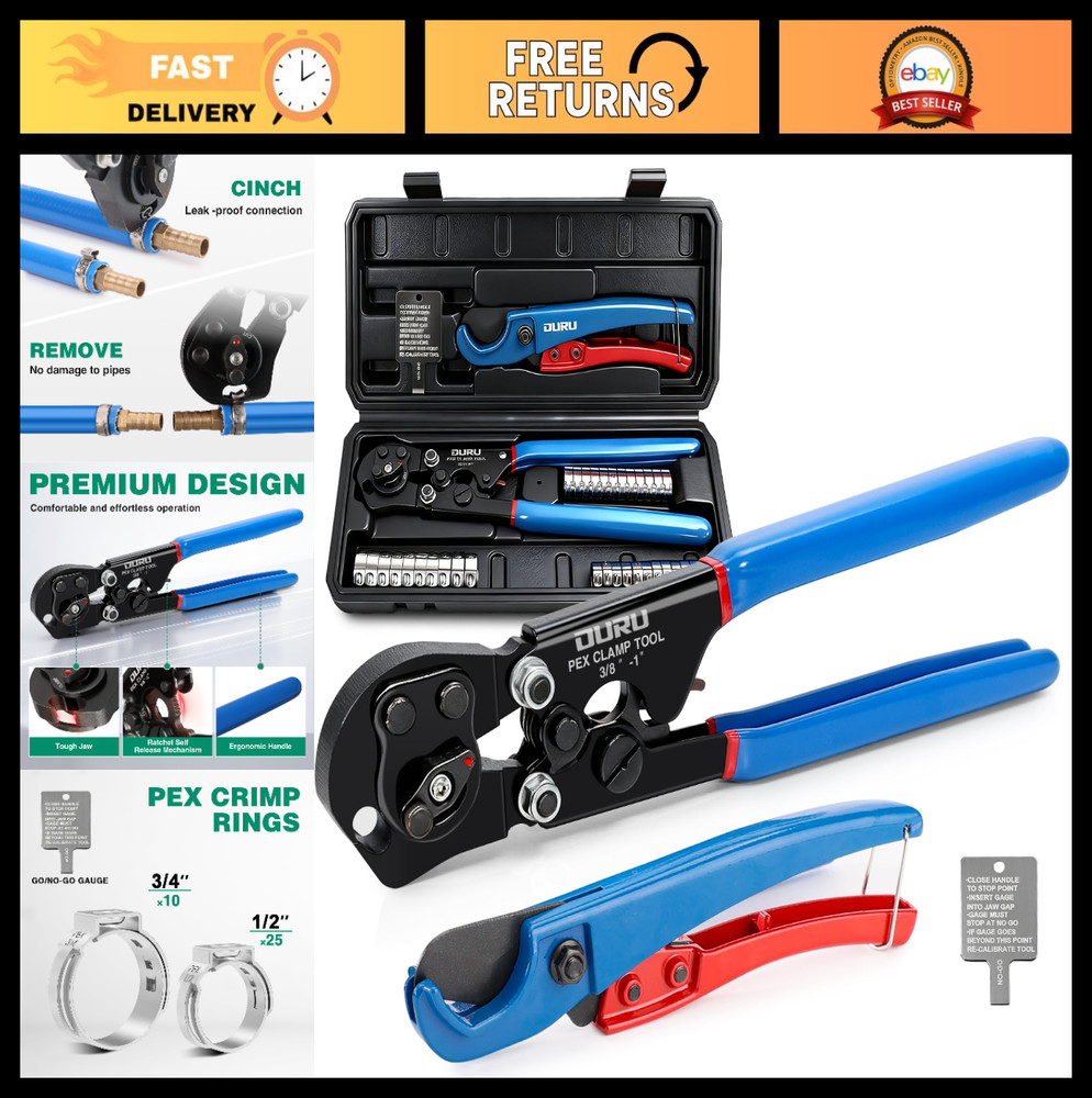 2-in-1 PEX Crimping Tool Set with Cutter & 35 Stainless Steel Clamps, 3/8&Prime;-1