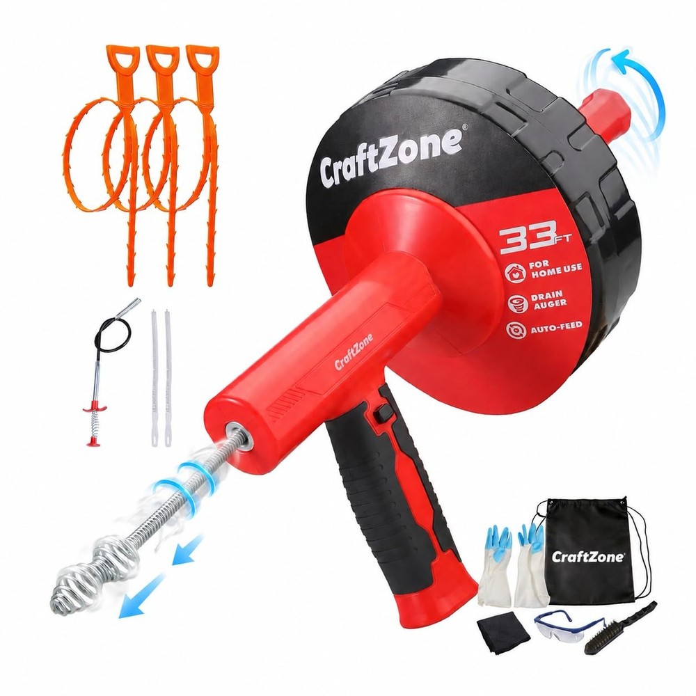Drain Auger 33 Ft with Easy Cable Rewind System, Plumbing Snake with Drill Ad&hellip;